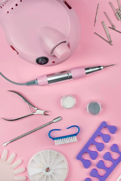 Nail salon tools and beauty accessories arrangement